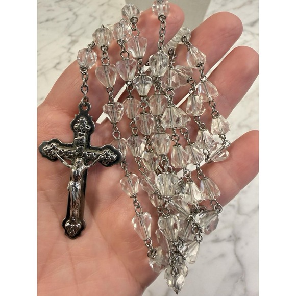 Jewelry - Vintage Catholic Clear Faceted Glass Bead Rosary Silver Tone Cross 23.5" long